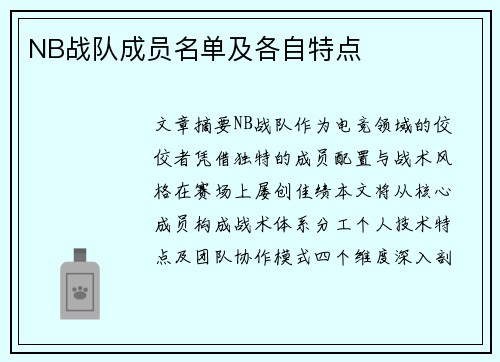 NB战队成员名单及各自特点
