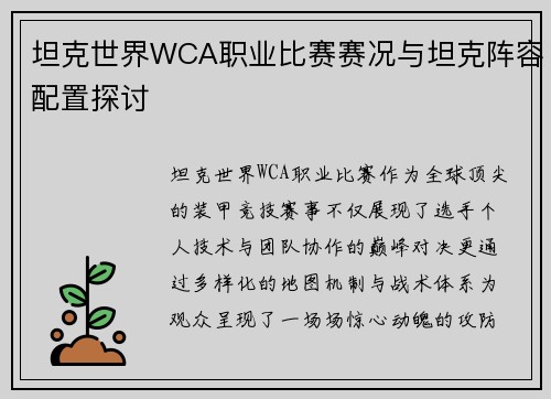 坦克世界WCA职业比赛赛况与坦克阵容配置探讨