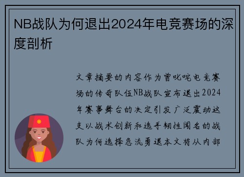 NB战队为何退出2024年电竞赛场的深度剖析
